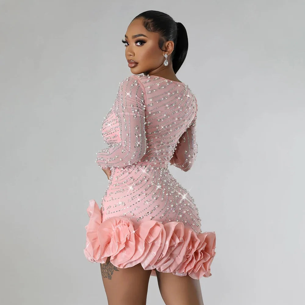 maoxiangshop Long Sleeve V Neck Transparent Club Dress Sexy Glittering Diamonds Dress Women Party Birthday Bodycon Mini Dresses Vestidos