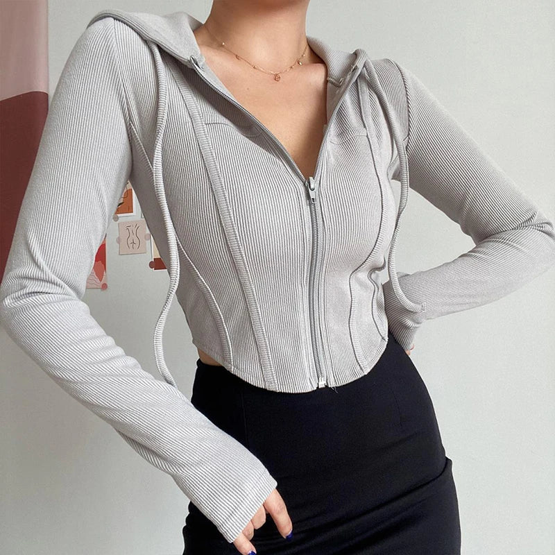maoxiangshop-Streetwear Slim Fit Cropped Jacket Women Korean Fashion Long Sleeve Hooded Crop Top Woman Wild Ribbed Zipper Up Sweatshirt Mujer