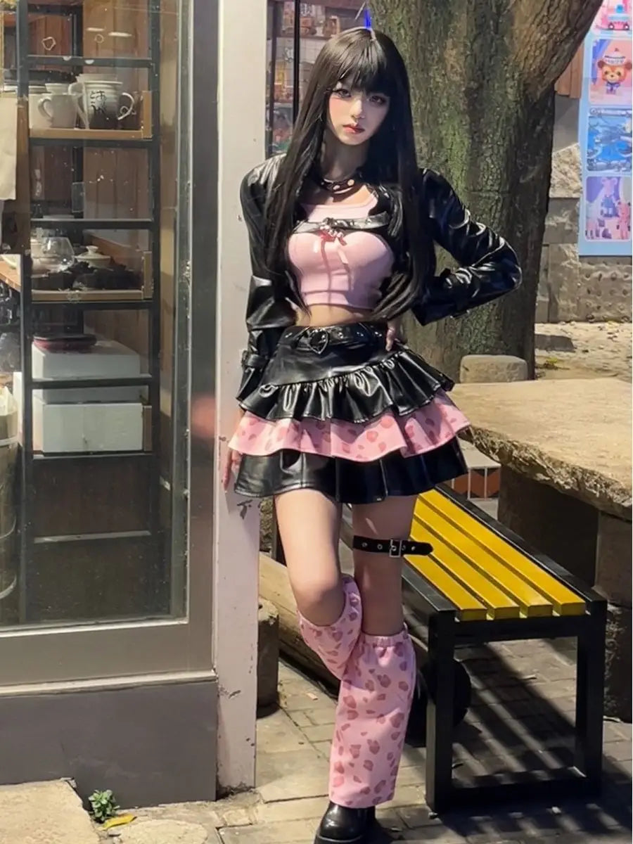 maoxiangshop - Black Sexy Party 3 Piece Set Women Autumn Casual Lolita Print Cake Skirt Suit Female Korean Black Coat+Cute Tops+Sweet Skirt