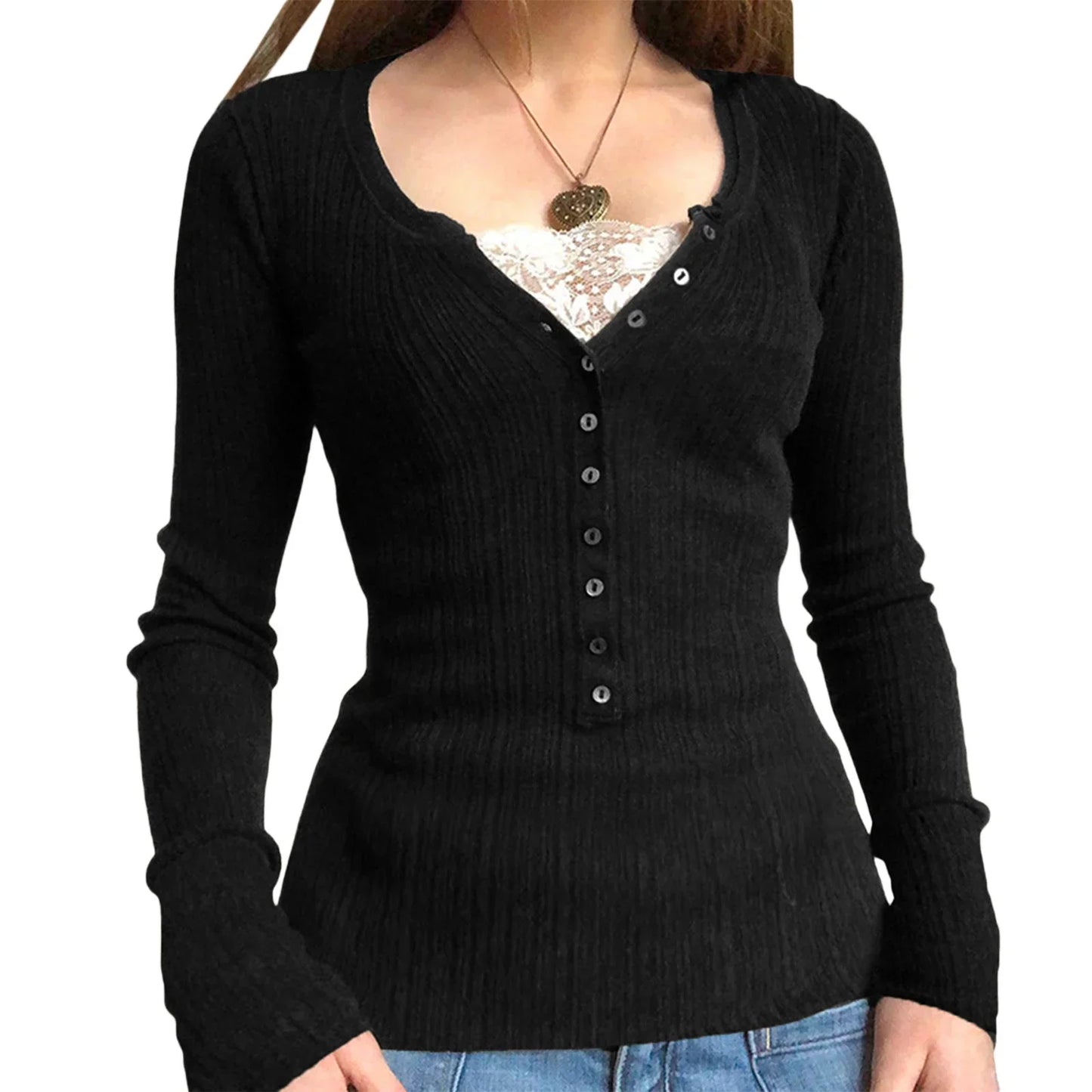 maoxiangshopWomen s Spring Autumn Slim Tops Black Long Sleeve Button Down Ribbed Skinny T-shirt