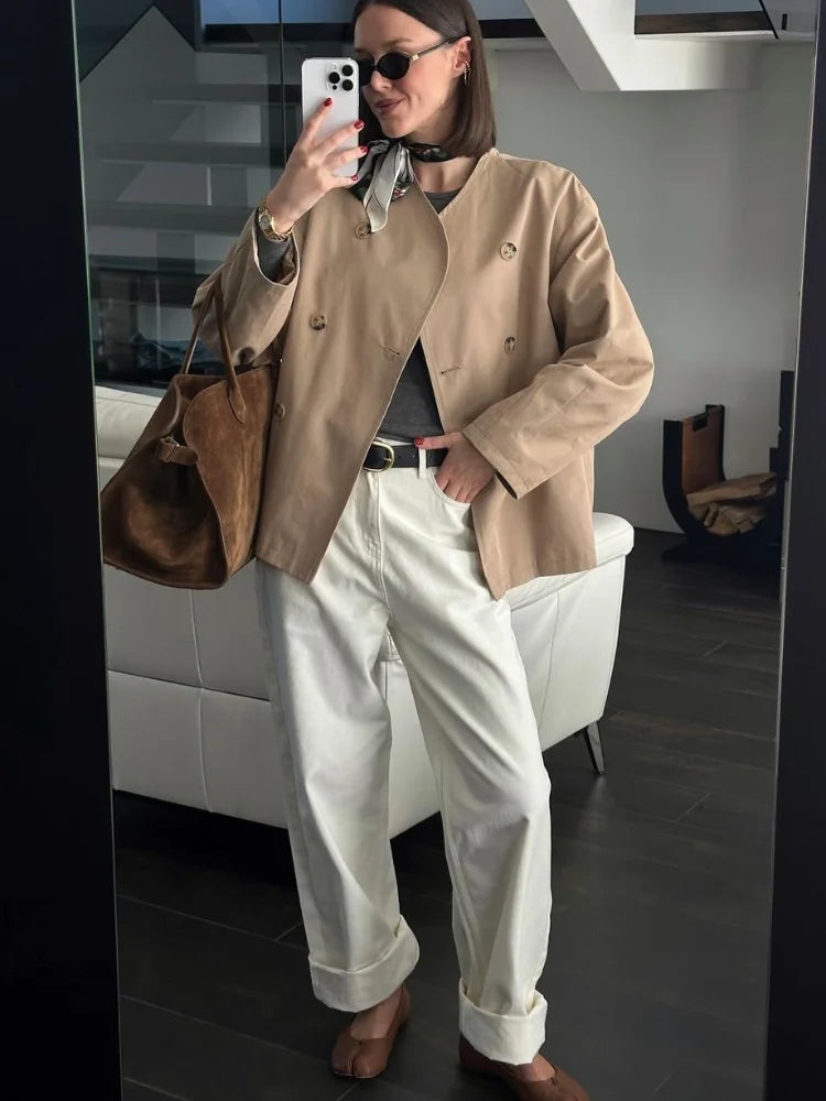 maoxiangshop - Fashion Solid Color Double-breasted V-neck Women's Jacket Casual Long Sleeved Versatile Coats New Autumn Commute Outerwear 2024