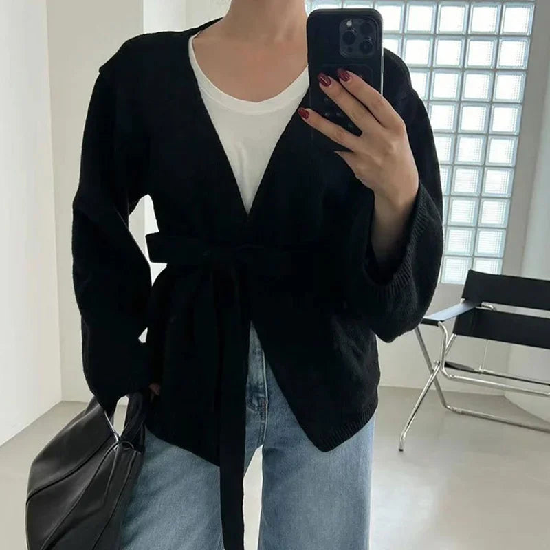 maoxiangshop - Elegant Knitted Cardigan With Belt Women Casual V-neck Long Sleeve Loose Sweater 2024 Autumn New Office Lady Lazy Tops Knitwear
