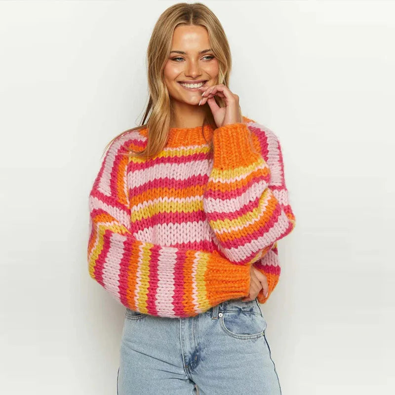 maoxiangshop - Casual Knitted Striped Pullover Sweaters Women Vintage Loose Contrast Color O-neck Sweater Female Autumn Chic Thick Streetwear