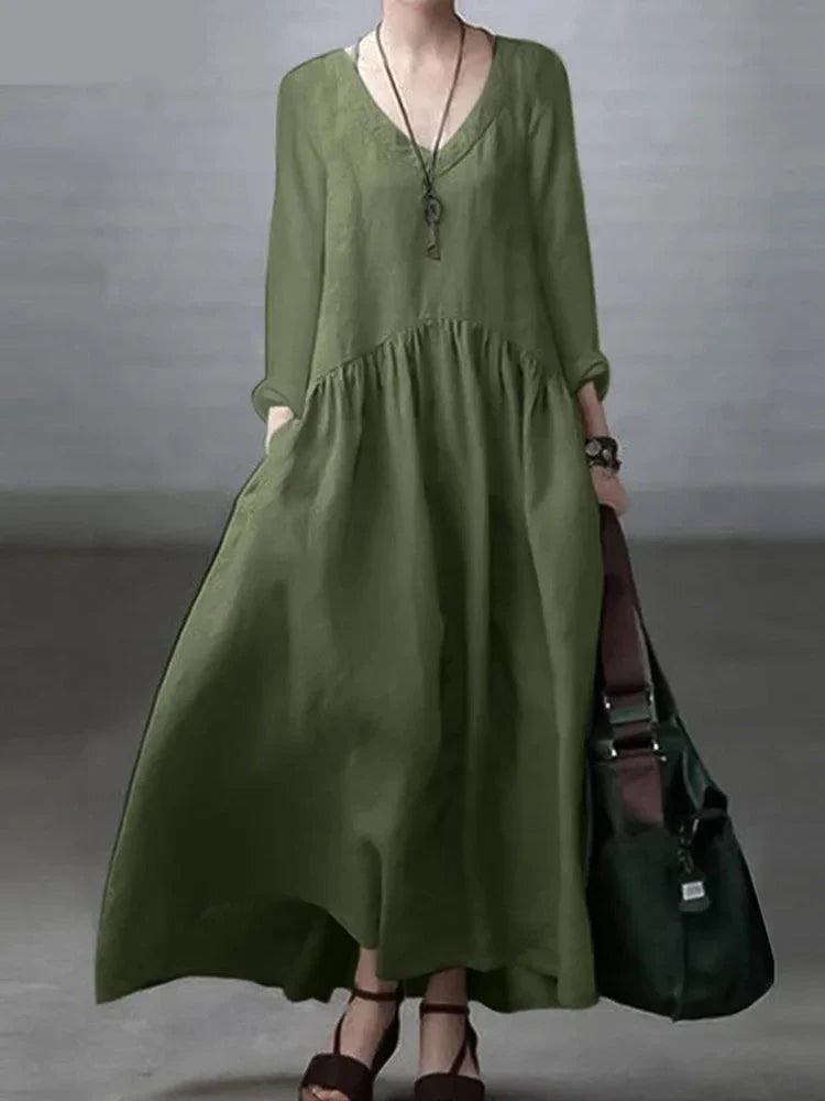 maoxiangshop Autumn Long Sleeve V-Neck Mid-Calf Length Sundress Women Solid Color Baggy Dress Pure Cotton Holiday Loose Dresses