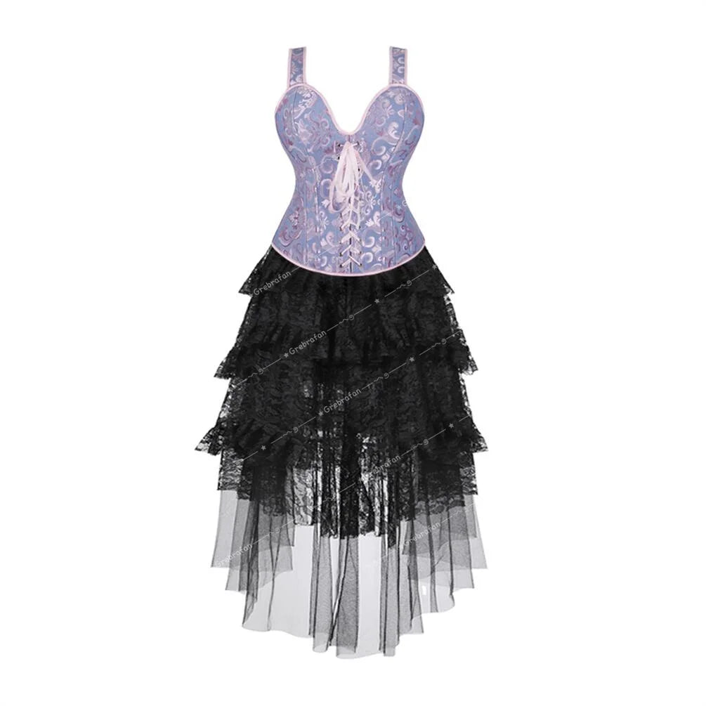 maoxiangshop - Steampunk Corset Skirt Bridal Lace Strap Bustiers with Gothic Tulle Dress Rave Outfits Evening Party Costumes Plus Size