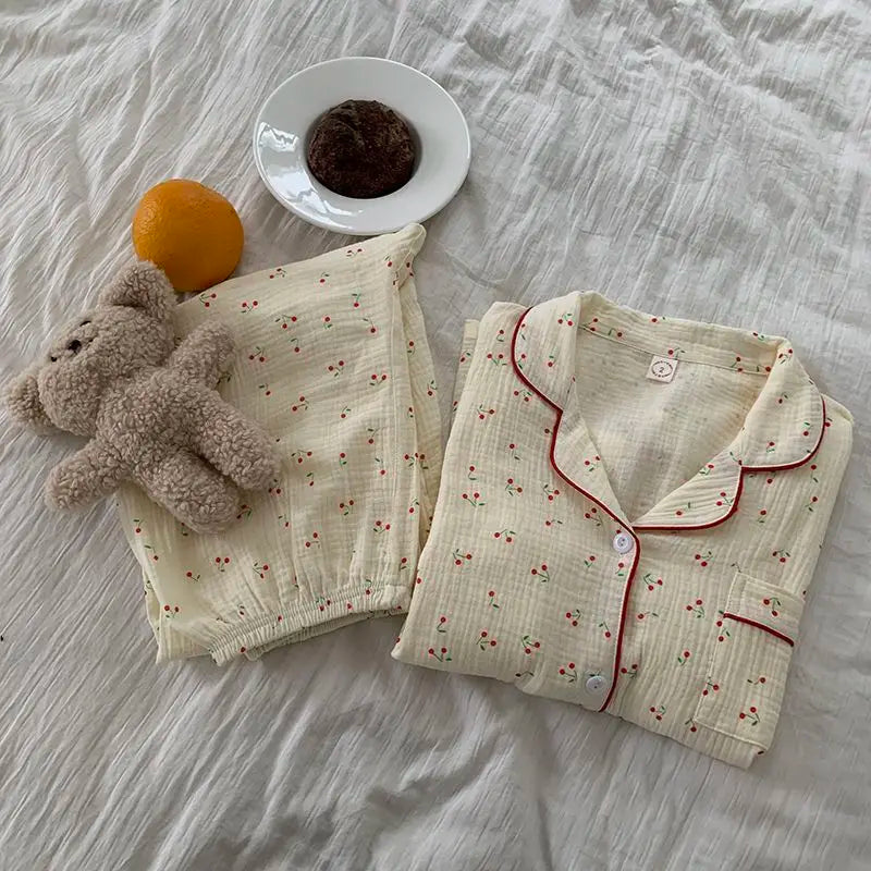 maoxiangshop - Cotton Double-layer Gauze Pajamas For Women's Fashion Cute Carrot Print Long Sleeve Tops + Pant Home Clothing Two-piece Set
