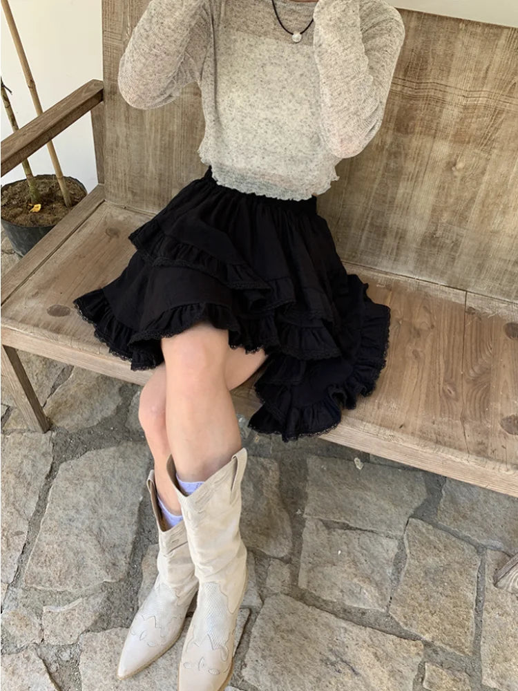 maoxiangshop Fairy Core Mini Skirt Women Elastic High Waist A-line Irregular Lace Trim Ruffles Cake Skirt Summer Mori Girl Style