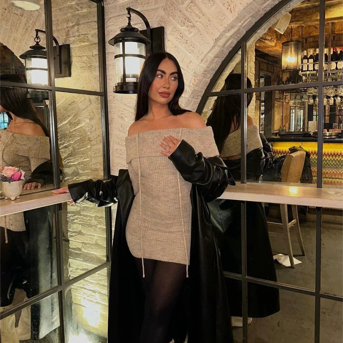 maoxiangshop - Autumn Off The Shoulder Knitted Dress 2024 New Black Sexy Bodycon Birthday Party Dresses Short Halter Knitted Dress