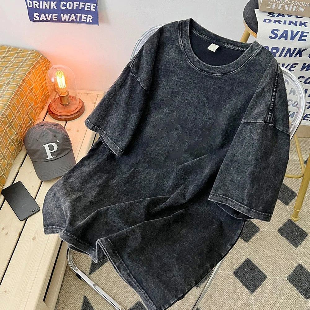 maoxiangshop Men's Washed T Shirt Summer vintage Casual T-shirt Loose TShirts Women Black Acid Wash Y2k Short Sleeve Hip Hop Streetwear Tees