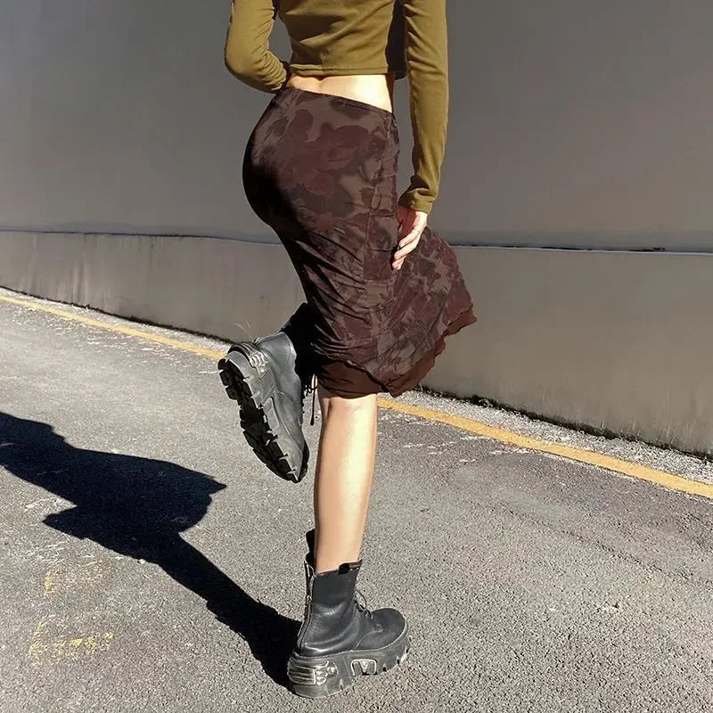 maoxiangshop - Harajuku Vintage Long Skirts Women Floral Print Gothic Retro Skirts Grunge Aesthetic Streetwear Punk A Line Midi Skirt