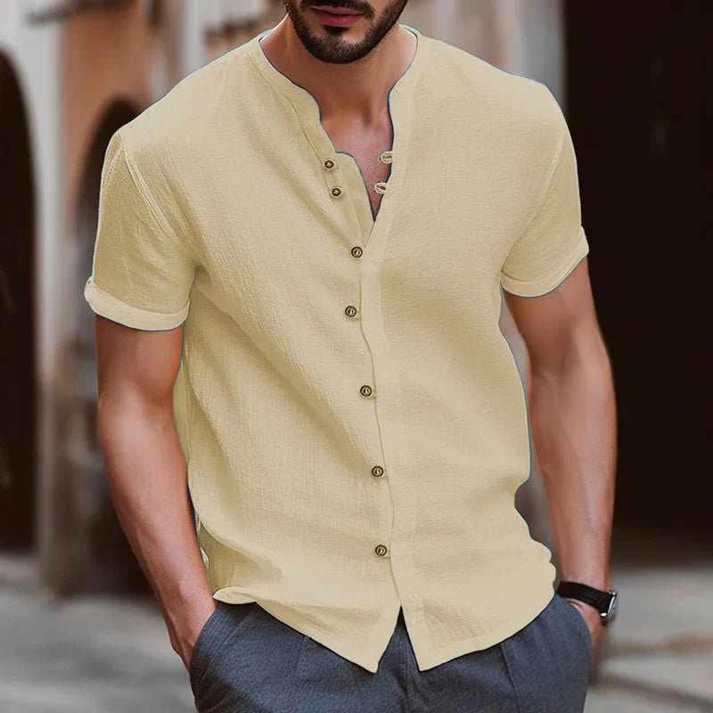 maoxiangshop Cotton hemp hot sell men's short sleeve shirt summer solid color stand collar casual beach style shirt