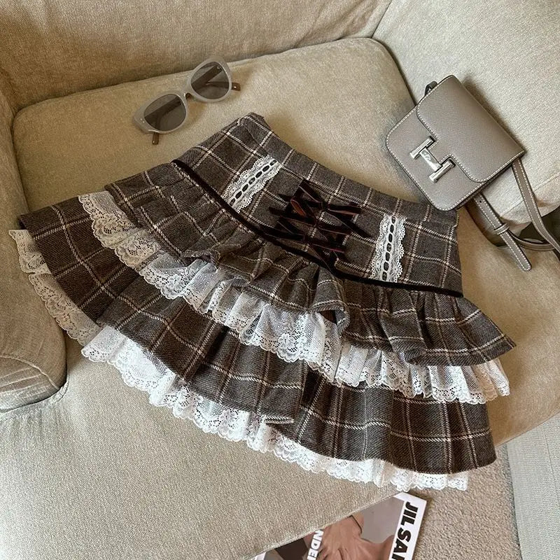 maoxiangshop - Kawaii Ruffle Lace Plaid Skirts Women Sweet Elegant Mini Skirt Cutecore Autumn Winter Patchwork A-line Short Skirts