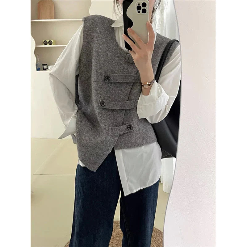 Irregular Sweater Vest Women Preppy Solid Chic Button Knit Waistcoat Korean Office Lady Elegant Knitwear Casual Top New