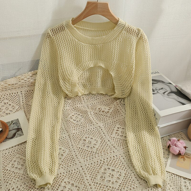maoxiangshop New Women Solid Sweater O-Neck Cropped Sweater Pullover Crop Top Female Short Sleeve Hollow Out Super Cropped Sweaters Shirts
