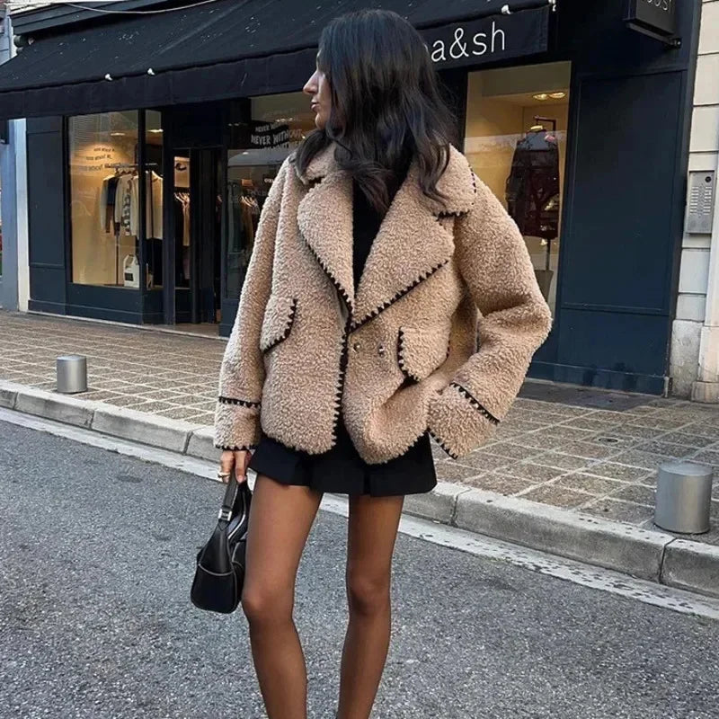 maoxiangshop - Elegant Solid Lapel Lamb Wool Wram Jacket Women O Neck Long Sleeves Slim Pocket Coats 2024 Autumn Winter Fashion Warm Outerwear
