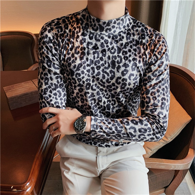 maoxiangshop Flannel T-shirt Winter Men High Collar Pullover Fashion Leopard Slim Fit T-shirt Long Sleeved Velvet Casual Bottoming Shirt