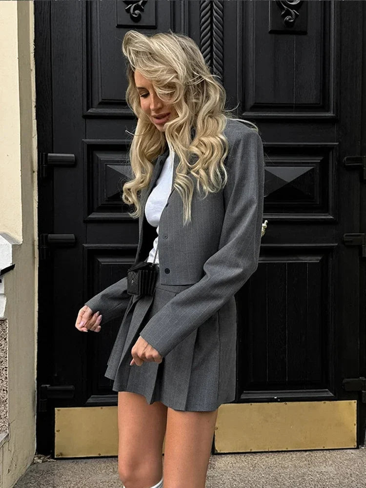 maoxiangshop - Women Striped Skirt Set Stand Collar Single Breasted Top High Waist Pleated Skirts 2024 Summer Fall New Fashion Lady Office Suit