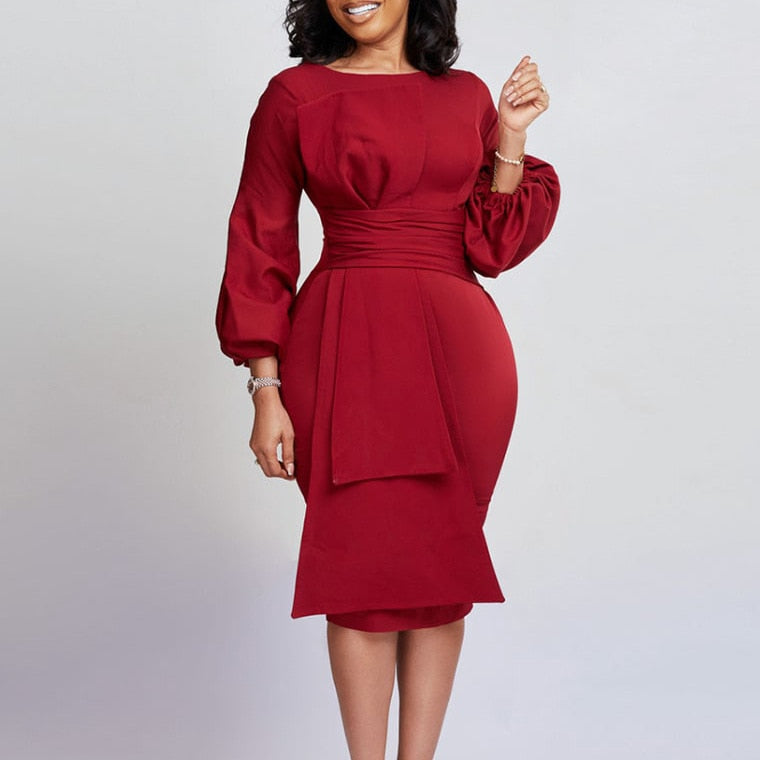 maoxiangshop Puff Sleeve Midi Dress Women Ruffle Crew Neck Formal Party Cocktail Pencil Dress with Bow Belt Vestidos