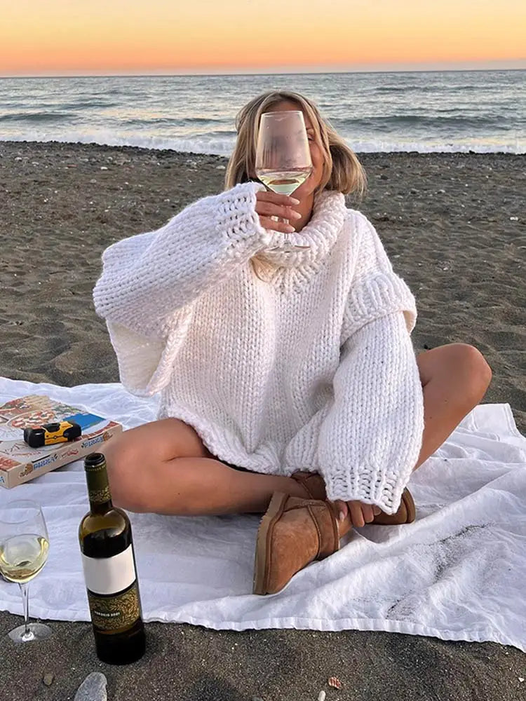 maoxiangshop - Women Solid Knit Turtleneck Pullover Lantern Sleeve Thick Warm Oversized Loose Top Sweater Fall Winter Female Knitwear