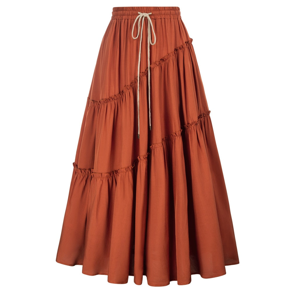 maoxiangshop Women Skirts Vintage Renaissance Tiered Swing Skirt Solid Casual Adjustable Drawstring Waist Maxi Skirt Large Hem Skirt