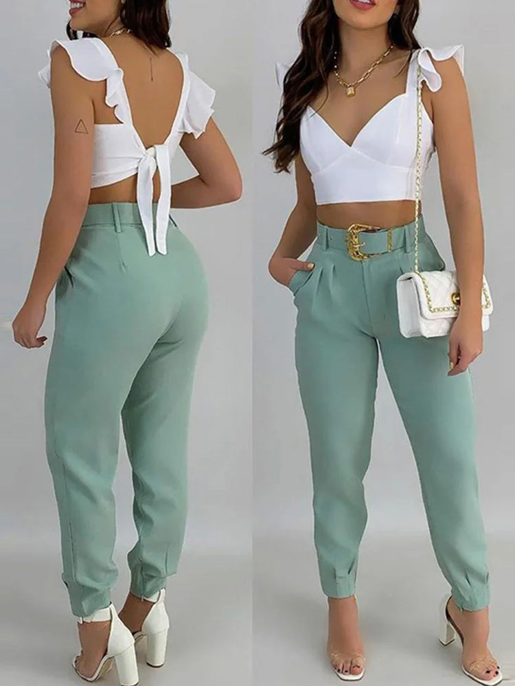 maoxiangshop Solid Ruffles Backless Knotted Crop Tops & Pocket Design Belted Pants Set Casual Women Two Piece Set Outfits