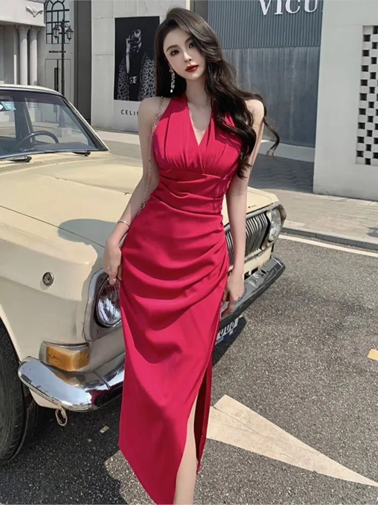 Summer Elegant Sexy V-Neck Split Bodycon Sheath Pencil Dress Women Pleated White Party Dresses Female Work Clothes