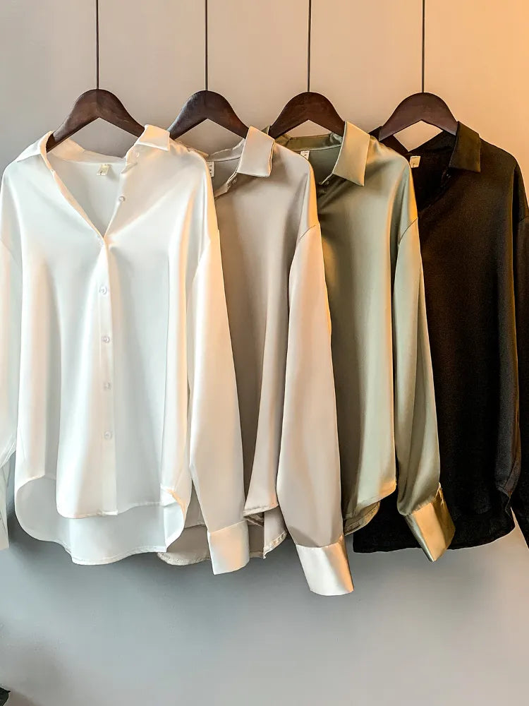 maoxiangshop Office Lady Sheer Top Long Sleeve Shirt Overshirt Satin Shirt Womens Clothing Elegant Women's Luxury Designer Blouses Korean