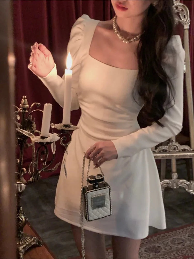 maoxiangshop 1 Spring New Elegant Square Collar Midi Party Dress For Women Long Sleeve Black White Slim Vestidos Female Clothes