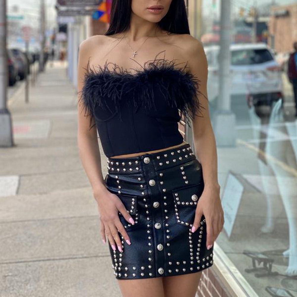 maoxiangshop Women Tube Tops Solid Color Feather Furry Trim Sleeveless Off Shoulder Backless Back Zipper Slim Fit Crop Tops