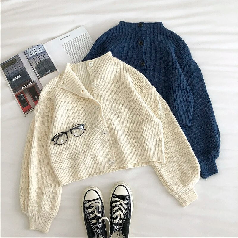maoxiangshop Retro Turtleneck Single-Breasted Sweater Women's cardigans Autumn New Korean Loose Long-Sleeved knit Cardigans Fashion Full