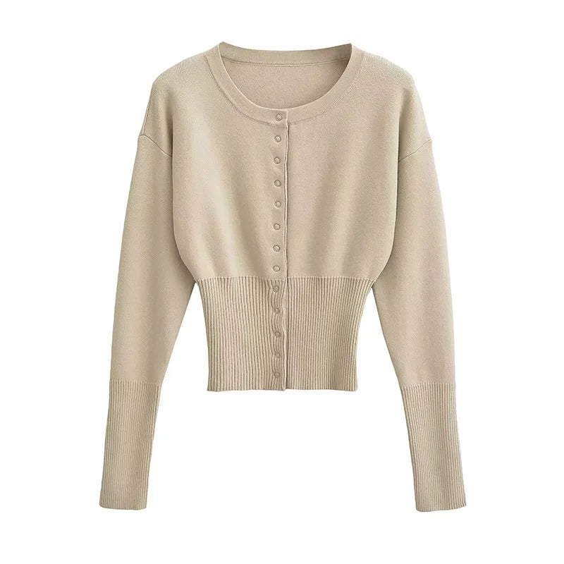 maoxiangshop - Casual Knitted Solid O-neck Cardigan Women Slim Fit Single-Breasted Pullover Sweaters Female Autumn Fashion Simple Street Tops