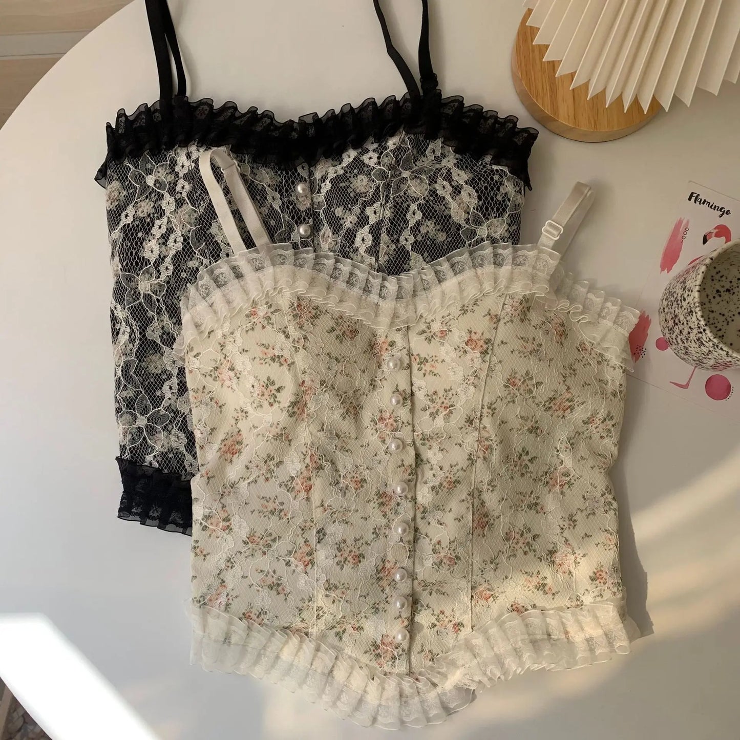 maoxiangshop-Lace Flower Print Cami Crop Tank Tops Summer Camisole Women's Tube Top Elegant Slim Short Tanks Vest Sexy Y2k Pearl