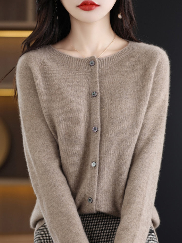 maoxiangshop Aliselect Long Sleeve Women Knitwear Cashmere Knit 100% Pure Merino Wool Spring Autume O-Neck Top Cardigan Sweater Clthing Coat