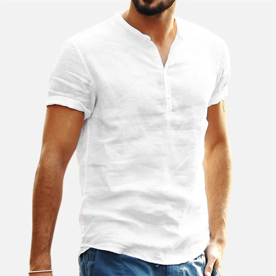 maoxiangshop 2024 New Men's Standing Collar Cotton Linen Short Sleeved Shirt Men's Designer Clothes Popular Tops for Men
