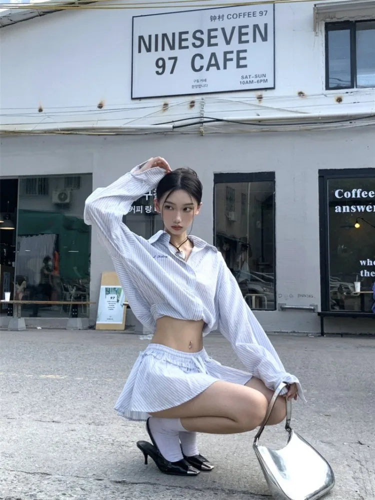 maoxiangshop - Blue Striped Set For Women'S Spring And Autumn Simple High Waisted Shirt Paired With A-Line Umbrella Skirt Two-Piece Set