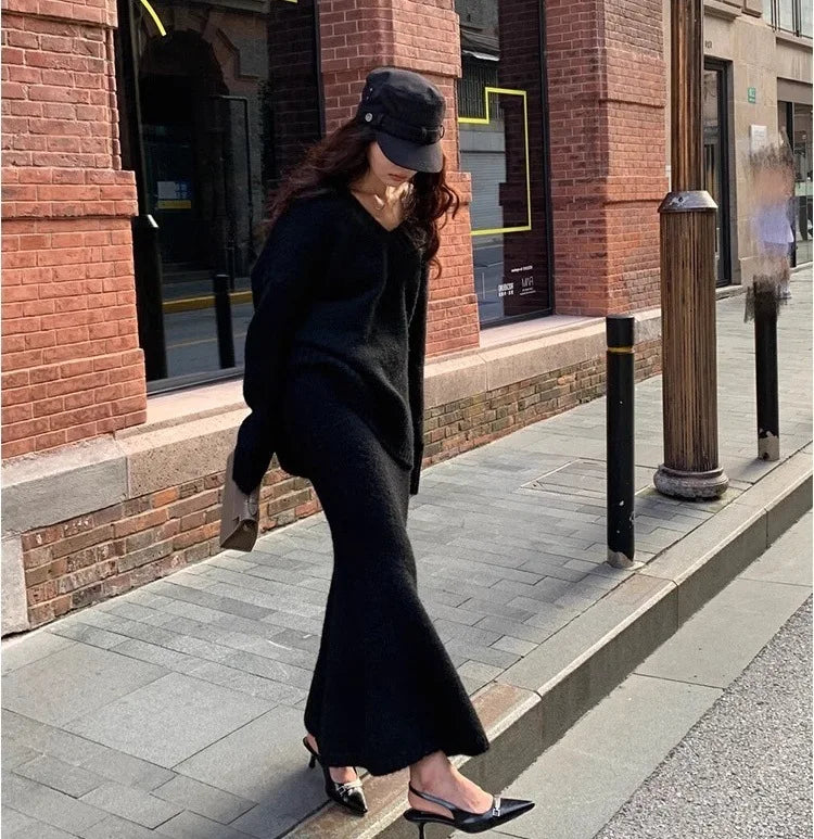 maoxiangshop - Autumn Winter Knitting Women Suit Winter Sweater Long Skirts Sets V-neck Pullover Top + High Waist Fishtail Skirt Two Piece Set