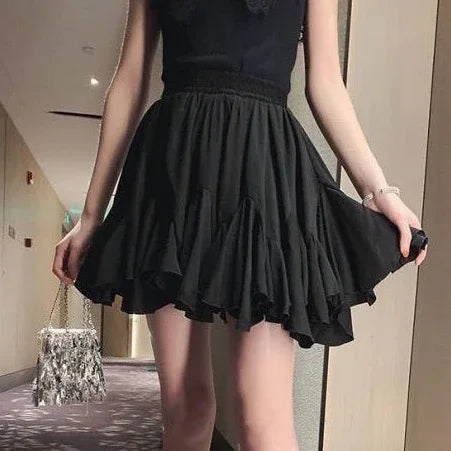 maoxiangshop Kawaii Ruffles Mini Skirt Women Korean Style White High Waist A-line Patchwork Lace-up Cute Pleated Skirt Shorts Summer