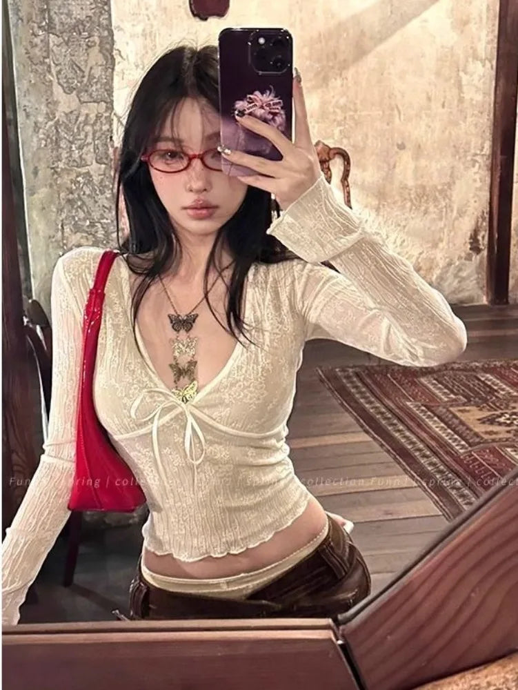 maoxiangshop Coquette Aesthetic Mesh T Shirts Women Vintage V Neck Lace Bow Cropped Tops Y2k Sexy Slim Fit Long Sleeve Tee Shirts