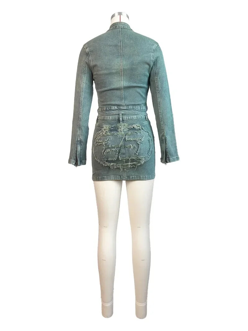 maoxiangshop - Tassel Letter Embroidery Denim 2 Piece Set Women Autumn Stand Collar Long Sleeve Zipper Jacket Tops + Mini Skirts Jeans Suits