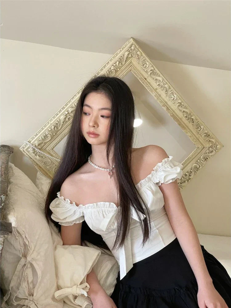 maoxiangshop-Kawaii White Blouse Women Sweet Ruffles Puff Sleeve Crop Tops Summer Short Sleeve Casual High Street Korean Fashion