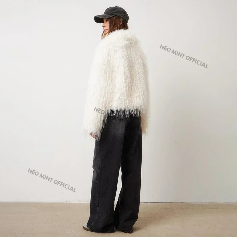 maoxiangshop - 2024 Winter Fluffy Faux Fur Coat Women Luxury Brand Tassels Furry Turkey Fur Jacket Streetwear Loose Overcoat Outerwear