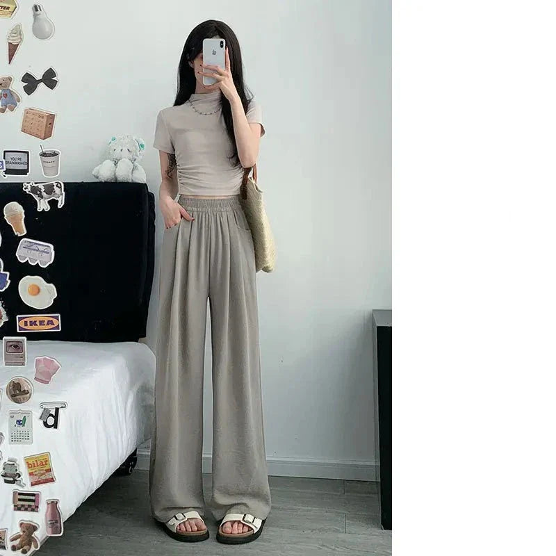 maoxiangshop 2024 Summer New Ice Silk Wide Leg Pants Women Thin Loose Ladies Casual Pants Slimming Y2K Women with Pockets Mop Pants Slim Body