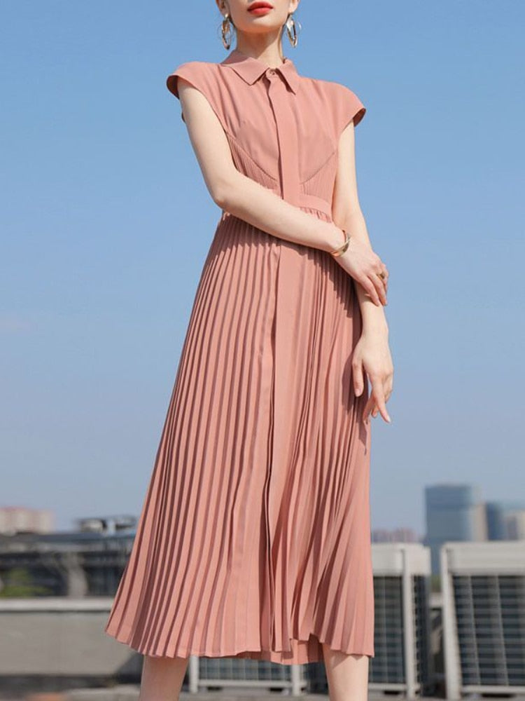 Summer New Temperament Ladies Dress Short Sleeve Shirt Skirt Long Pleated Skirt Office Wear Elegant and Simple