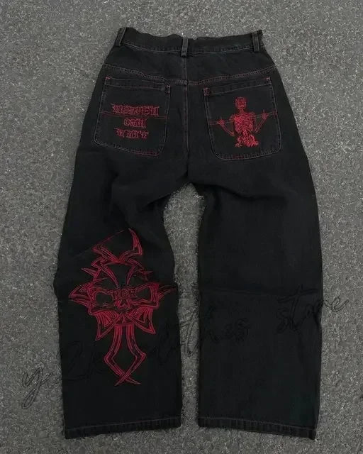 Jeans New Y2K Women Harajuku Retro Hip Hop Cartoon Embroidery Baggy Jeans Black Pants High Waisted Wide Trousers Streetwear