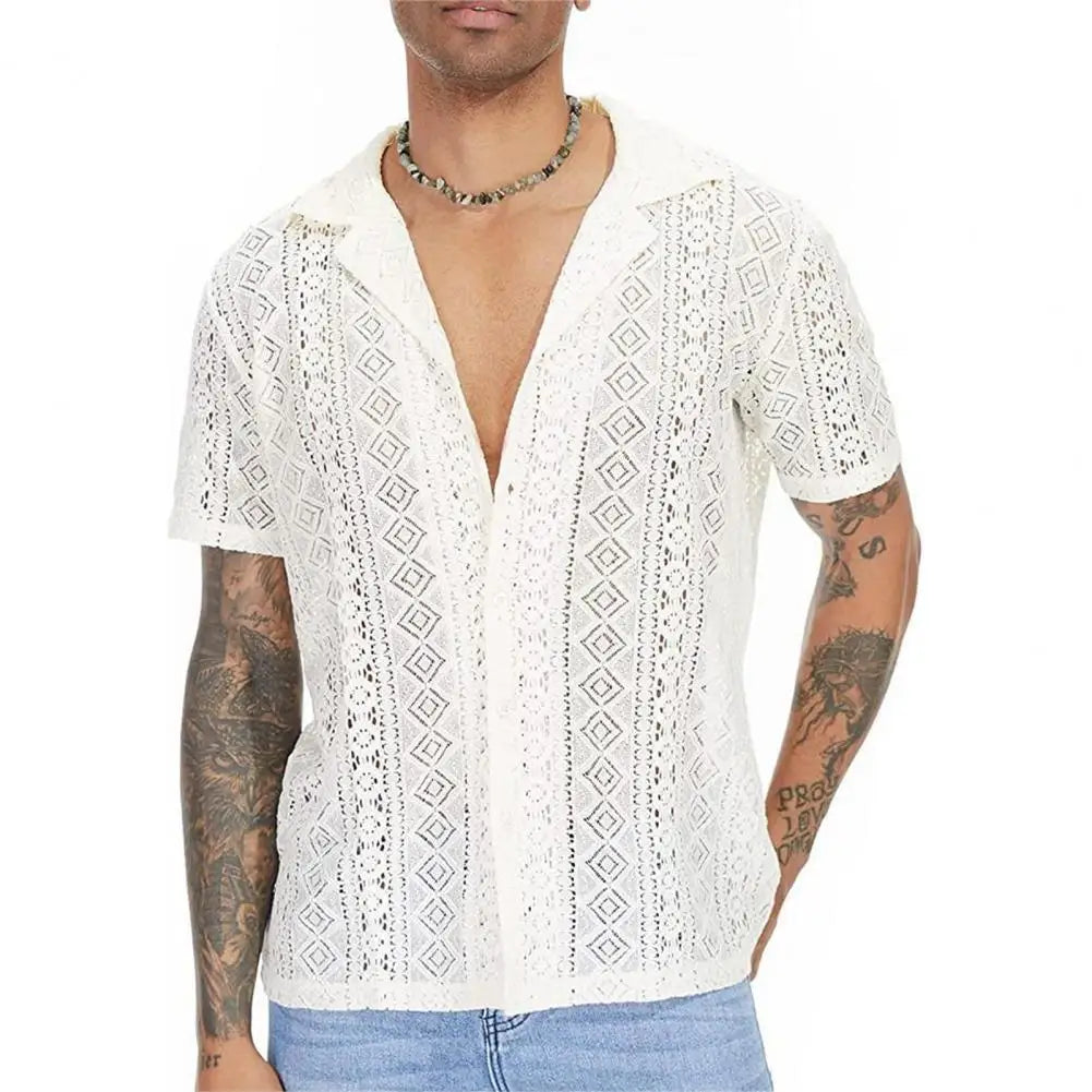 maoxiangshop Stylish Men T-shirt Mid-length Solid Color Soft Breathable See-through Men Shirt Men Shirt Daily Wear