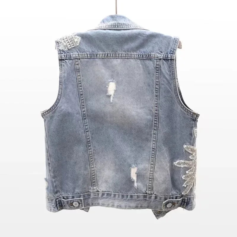maoxiangshop Fashion Lace Beaded Denim Vest Women Cardigan 2024 New Spring Sleeveless Jacket Fashion Loose Vintage Jeans Waistcoat Tide