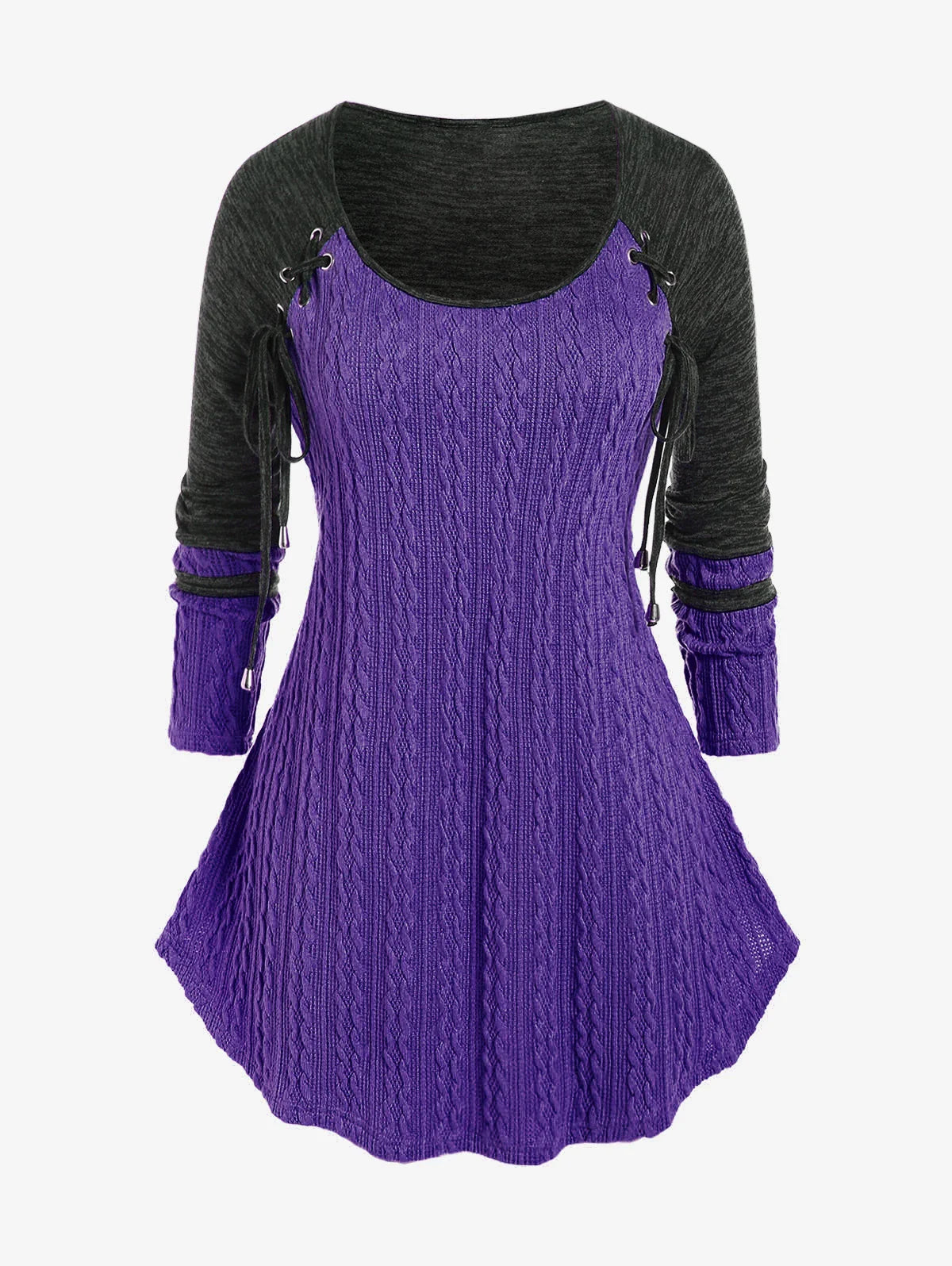 maoxiangshop Autumn Winter Women's Casual Tops Plus Size Colorblock Cable Knit Panel Lace Up Tee,Long Sleeves Casual Shirts 4XL