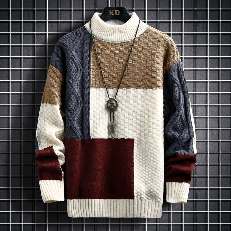 maoxiangshop Autumn Winter Men Sweater Warm Top New Fashion Stitching Color Matching Pullover Round Neck Sweater Thickened Knitted Sweater
