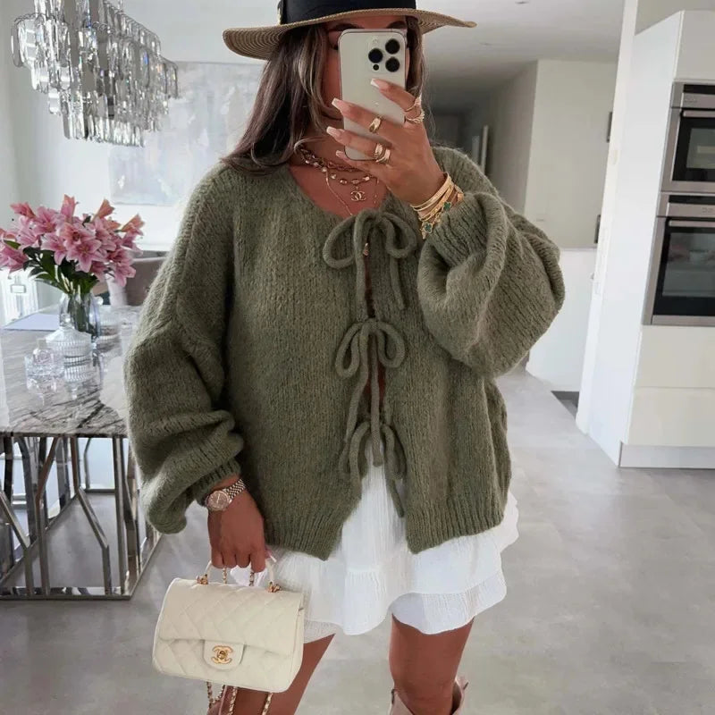 maoxiangshop - Fashion Lace Up Bow Knitted Cardigan Woman O Neck Long Sleeve Hollow Out Sweater Coat Autumn Female Casual High Street Knitwear