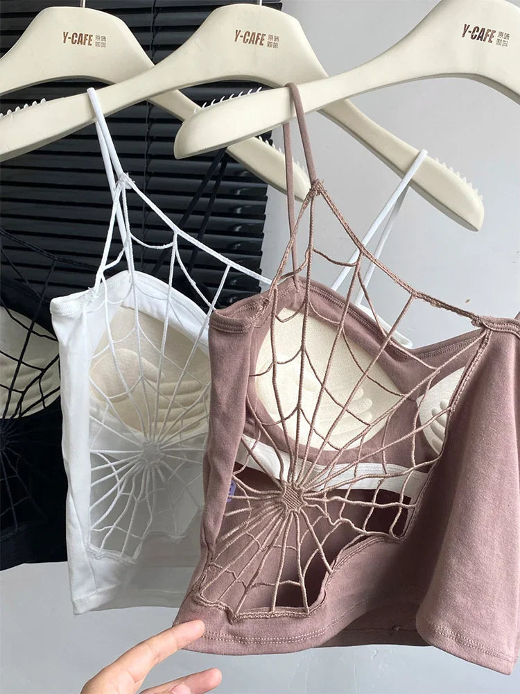 maoxiangshop Women Black Hollow Out Crop Top Vintage Y2k Camisole Corset Top Sleeveless Off Shoulder Vest 90s Tank Tops 2000s Clothes Summer